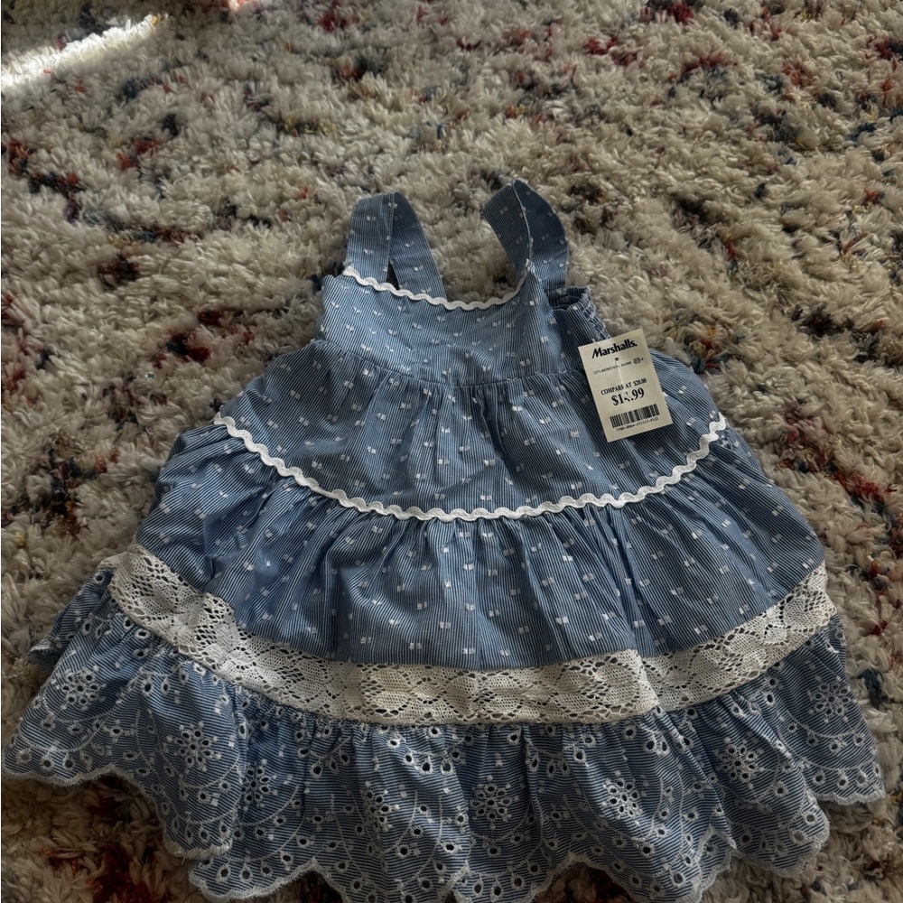 Blue Baby Dress with White Lace Trim
